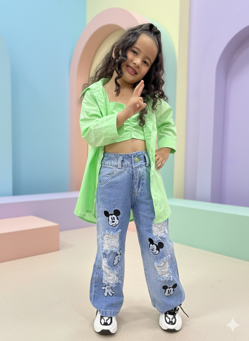 Conjunto Urbano Niña Verde Neon & Jean Mickey